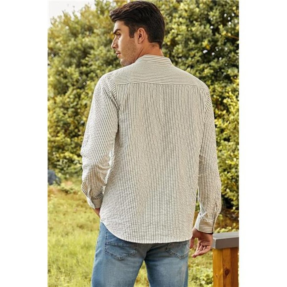 Men's Casual Summer Cotton Henley Shirt Long Sleeve Hippie Striped Beach Shirts - Picture 2 of 7